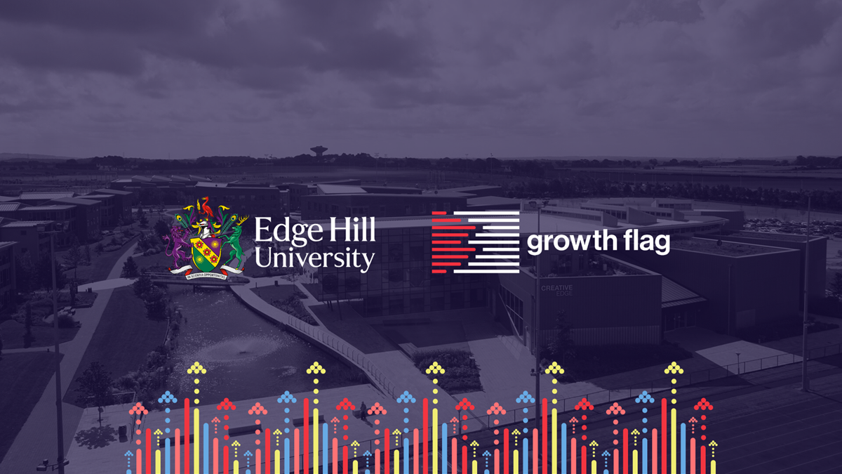 Edge Hill University logo with Growth Flag logo over image of Edge Hill campus